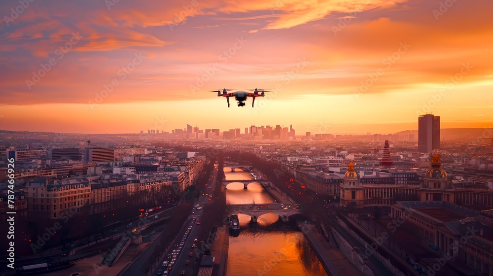 Drone soars above a bustling city during a spectacular sunset. Urban exploration from the sky. Perfect for aerial photography promotion. AI