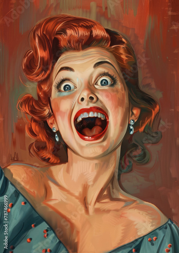 Expressive retro lady in excitement, wide-eyed and mouth open in a classic pin-up style