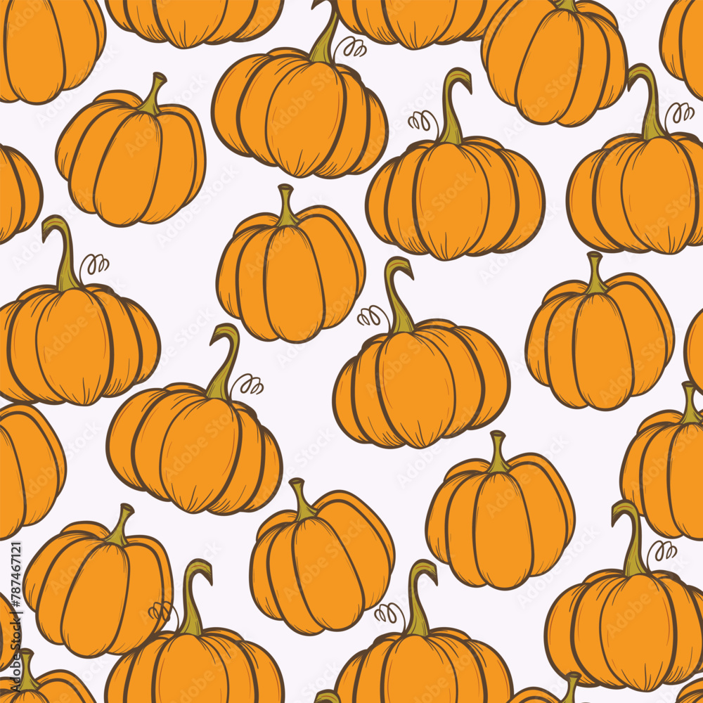 Seamless pattern with pumpkins on color background. Vector hand drawn sketched pumpkin. Autumn illustration for holidays, Halloween. Various food items in doodle style