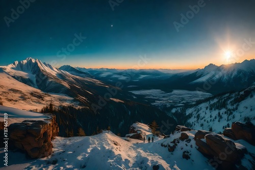A mountainous panorama aglow with the first light of dawn, a celestial canvas.