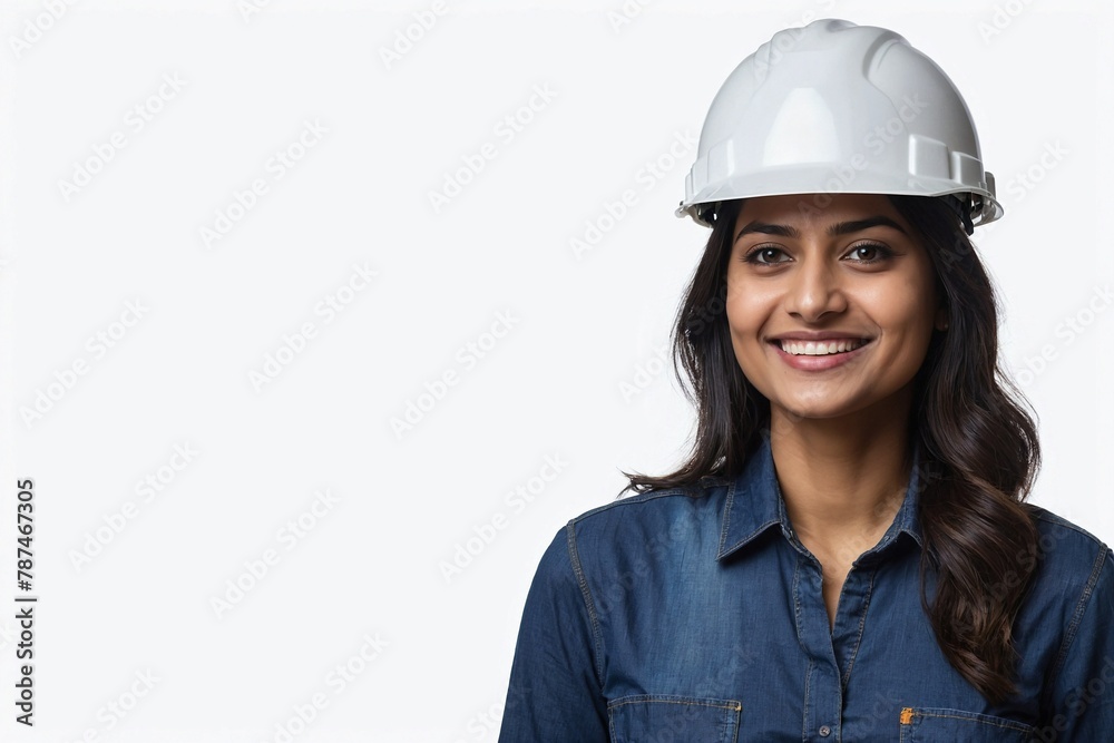Indian female engineer guy with smile on face next to empty space on a white background. Young handsome engineer wearing a construction helmet. Indian female engineer guy with smile on face next to empty space on a white background. Young handsome engineer wearing a construction helmet.