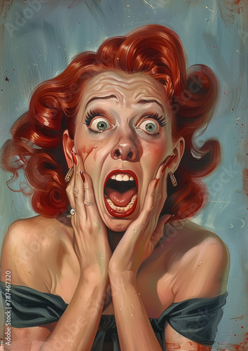 Retro style illustration of a shocked red-haired woman with a wide-open mouth and expressive eyes