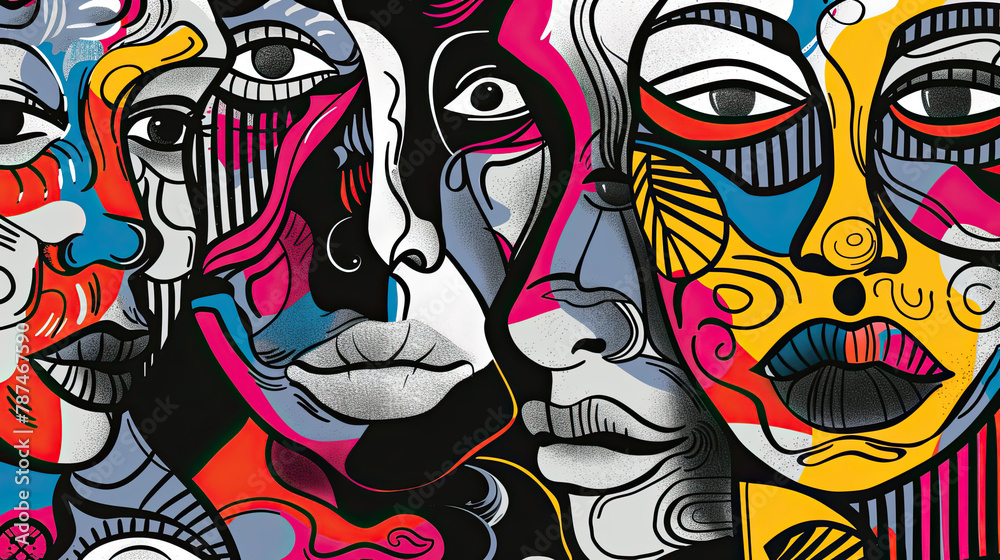 Obraz premium Abstract background with diversity faces collage black and white and colours elements