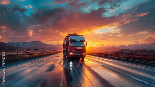 Sunset Ride: Tanker Truck's Highway Journey. Concept Truck Industry Innovation, Logistics and Transportation, Fuel Delivery Efficiency, Highway Safety Measures