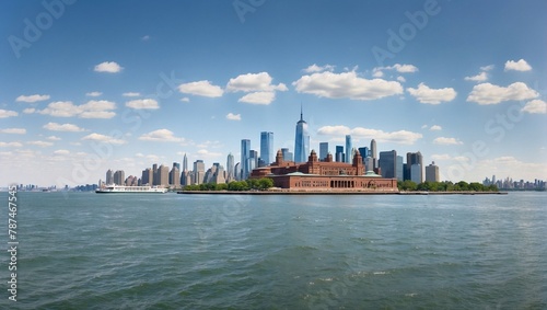 Downtown New York skyline panorama with Ellis Island photo