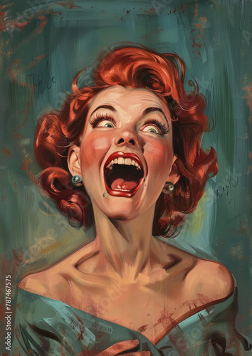 Crazy Radiant redhead in retro fashion, exuberantly surprised with wide eyes and open mouth