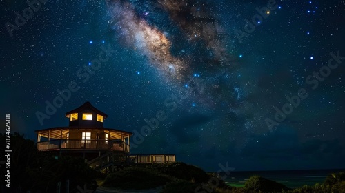 Fall asleep under the stars and listen to the soothing sounds of the ocean at Ocean Serenity Lighthouse Haven a truly magical sleep tourism destination. 2d flat cartoon.