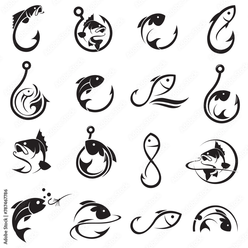 collection of fishing emblem with fish and hook isolated on white background
