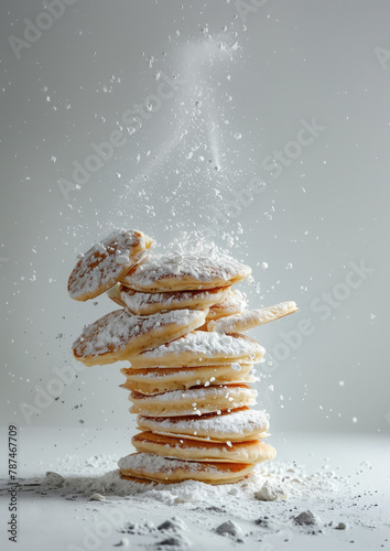 A stack of fresh pancakes dusted with powdered sugar, with a dynamic sprinkle in the air