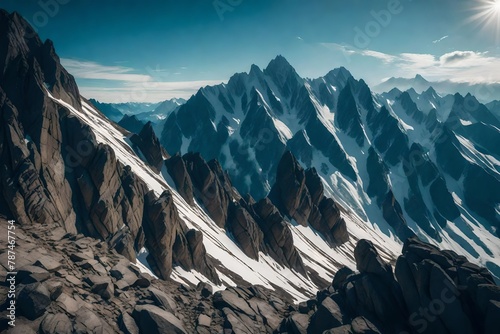 A sweeping view of craggy peaks, a panoramic ode to the resilience of mountains.