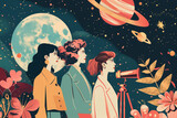 An illustration of three women in a whimsical cosmic setting, observing a vibrant celestial dance through a vintage telescope