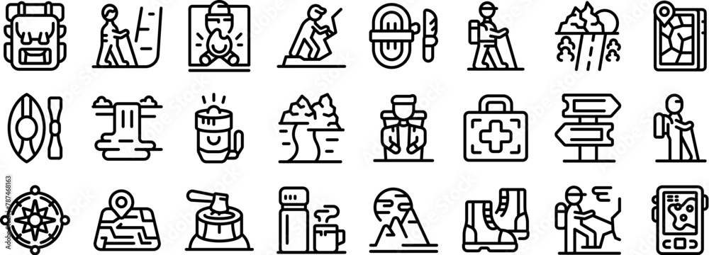 Man trekking travel icons set outline vector. Tourist mountain. Active recreation Man trekking travel icons set outline vector. Tourist mountain. Active recreation
