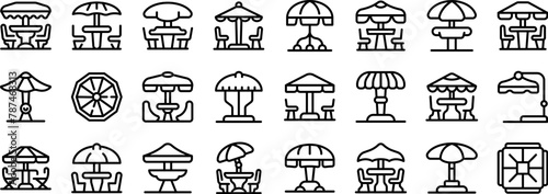 Outdoor cafe umbrella icons set outline vector. Street food. Cafeteria table photo