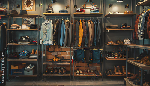 Stylish clothes with shoes and accessories in boutique photo