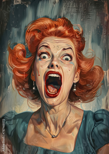 Vintage-style illustration of a startled crying woman with an exaggerated scream and vibrant red hair