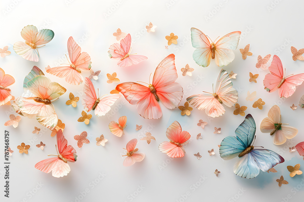 Fototapeta premium A row of butterflies pollinating on white, mythical creatures with pink wings