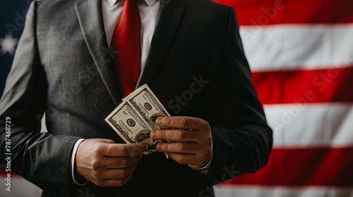 Businessman holding money in front of american flag