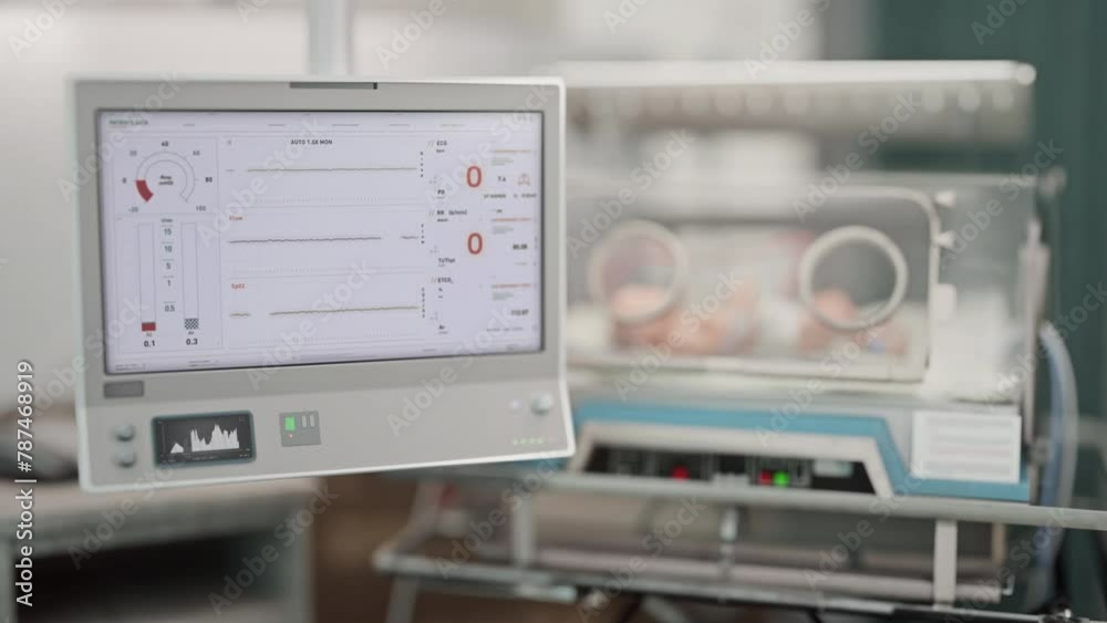 Lung Ventilation Clinic Equipment performs tests on vital breathing health signs. Testing the vitals of a sick child at the clinic. Test monitor displays a decline of patient vitals at a clinic. Lung Ventilation Clinic Equipment performs tests on vital breathing health signs. Testing the vitals of a sick child at the clinic. Test monitor displays a decline of patient vitals at a clinic.