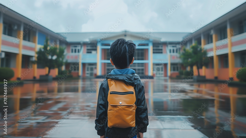 A lonely back view of an Asian boy in front of a school A lonely back view of an Asian boy in front of a school