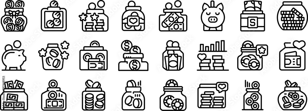 Money box tips icons set outline vector. Donation savings. Can pension - obrazy, fototapety, plakaty 
