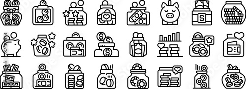 Money box tips icons set outline vector. Donation savings. Can pension