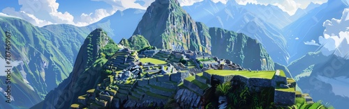 A mountain range with a green hillside and a village on top