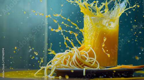 Quirky Fusion: Unconventional Pairing of Spaghetti and Orange Juice in a Whimsical Setting