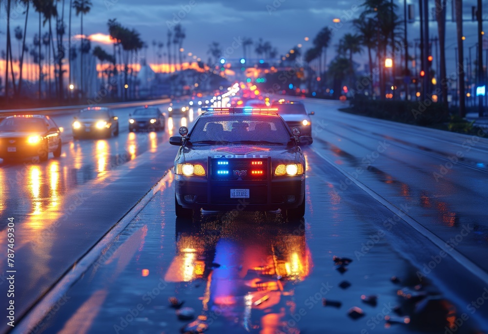 Police cars with flashing lights are racing along a forest road at night