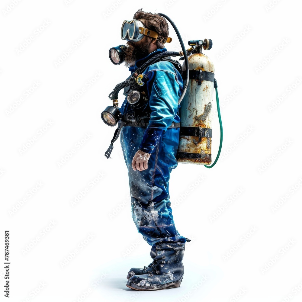 A man in a blue suit with a gas mask on his face and a backpack on his back
