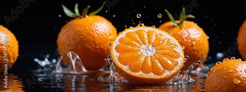 Fresh and juicy oranges with leaves and water droplets. Tasty and sweet citrus fruits. Background of fresh oranges decorated with glittering water drops  top-down view.