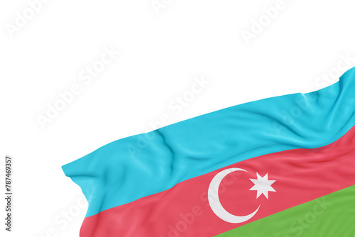 Realistic flag of Azerbaijan with folds, on transparent background. Footer, corner design element. Cut out. Perfect for patriotic themes or national event promotions. Empty, copy space. 3D render. photo