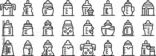 Feeding bottle icons set outline vector. Newborn pacifier. Plastic milk flask