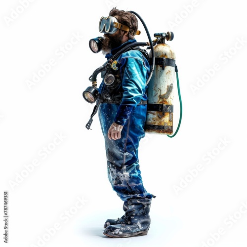 A man in a blue suit with a gas mask on his face and a backpack on his back © Yana