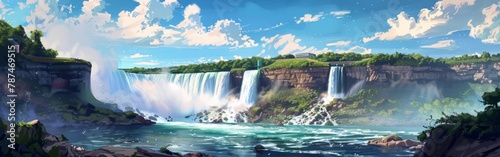 A beautiful waterfall with a blue sky in the background