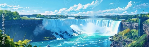 A beautiful waterfall with a blue river flowing underneath it photo