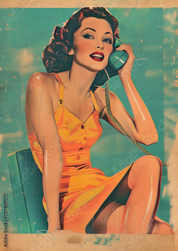 Retro-inspired illustration of a cheerful woman talking on the phone, vibrant yellow dress and vintage charm