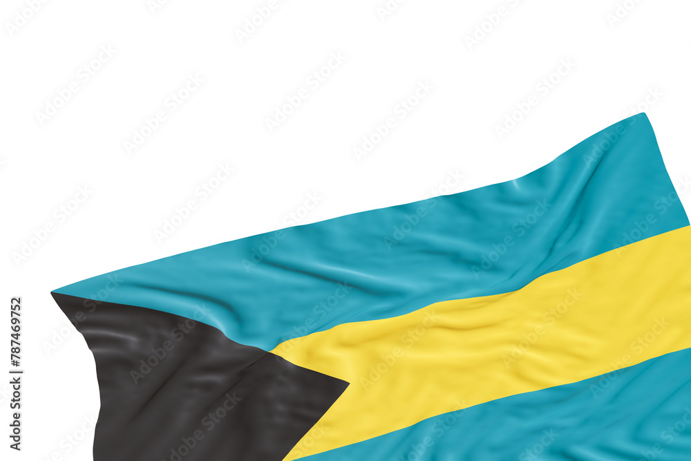 Realistic flag of Bahamas with folds, on transparent background. Footer, corner design element. Cut out. Perfect for patriotic themes or national event promotions. Empty, copy space. 3D render. Realistic flag of Bahamas with folds, on transparent background. Footer, corner design element. Cut out. Perfect for patriotic themes or national event promotions. Empty, copy space. 3D render.