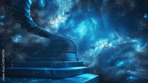 A striking podium image that evokes the wonder and mystery of the universe with a cosmic blue backdrop and a spiral staircase leading . . photo