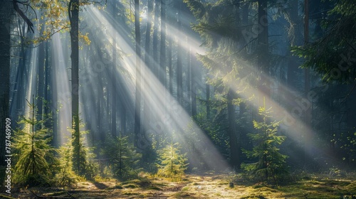 A beautiful forest scene illuminated by soft sunlight filtering through the trees  creating a peaceful and inviting atmosphere