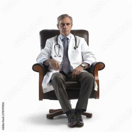 A man in a white coat sits in a leather chair