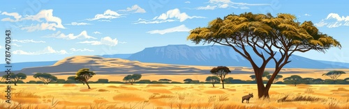 A computer generated image of a savanna with a tree in the foreground