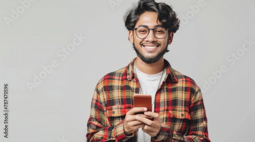Happy smiling indian business man employee or manager standing isolated on gray background holding using digital tablet advertising online product, business trainings webinars, websites or services. photo