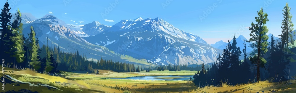 A beautiful mountain landscape with a small cabin in the foreground