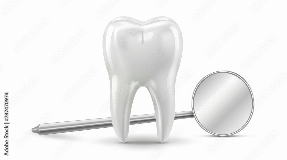 A highly detailed vector of a 3D realistic dental inspection mirror and a tooth icon, emphasizing precision and clarity A highly detailed vector of a 3D realistic dental inspection mirror and a tooth icon, emphasizing precision and clarity