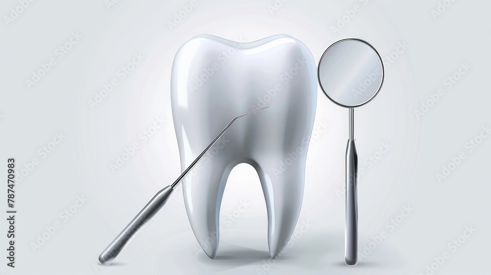 A highly detailed vector of a 3D realistic dental inspection mirror and a tooth icon, emphasizing precision and clarity A highly detailed vector of a 3D realistic dental inspection mirror and a tooth icon, emphasizing precision and clarity