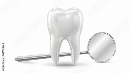 A highly detailed vector of a 3D realistic dental inspection mirror and a tooth icon, emphasizing precision and clarity