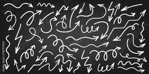 Colorful chalk arrow set. Hand drawn freehand different curved lines, swirls arrows. Vector doodle marker drawing