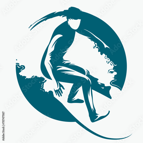 vector monochrome circle logo drawing of a surfer on a board riding the waves at sea