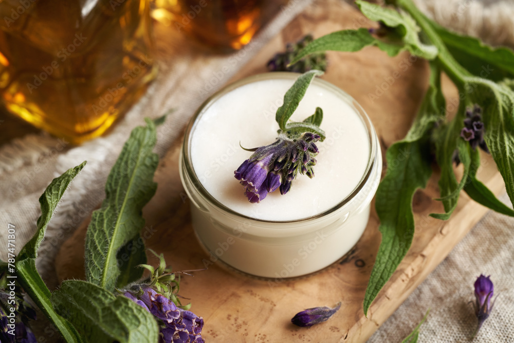 A jar of homemade comfrey ointment with fresh blooming symphytum officinale plant A jar of homemade comfrey ointment with fresh blooming symphytum officinale plant