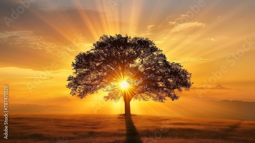 Create a serene image featuring a tree basking in the warmth of the sun's rays during a beautiful sunrise or sunset. Capture the tranquil ambiance with the sun casting a golden glow,